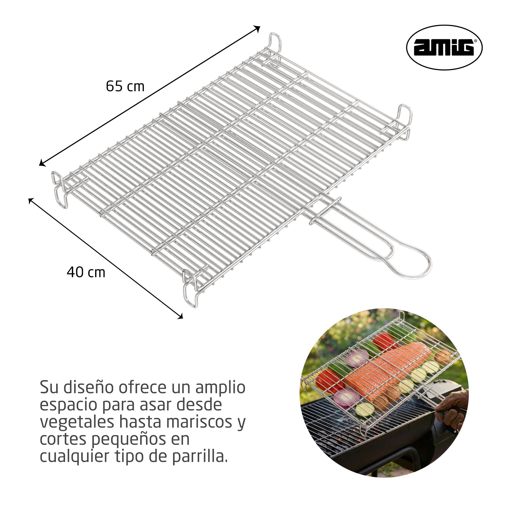 Amig - Parrilla para Barbacoa - 65 x 40 cm - Fabricado en Acero Resistente a la Corrosión - Volteo Uniforme Ideal para Asar Carnes y Verduras - Mod. AM26