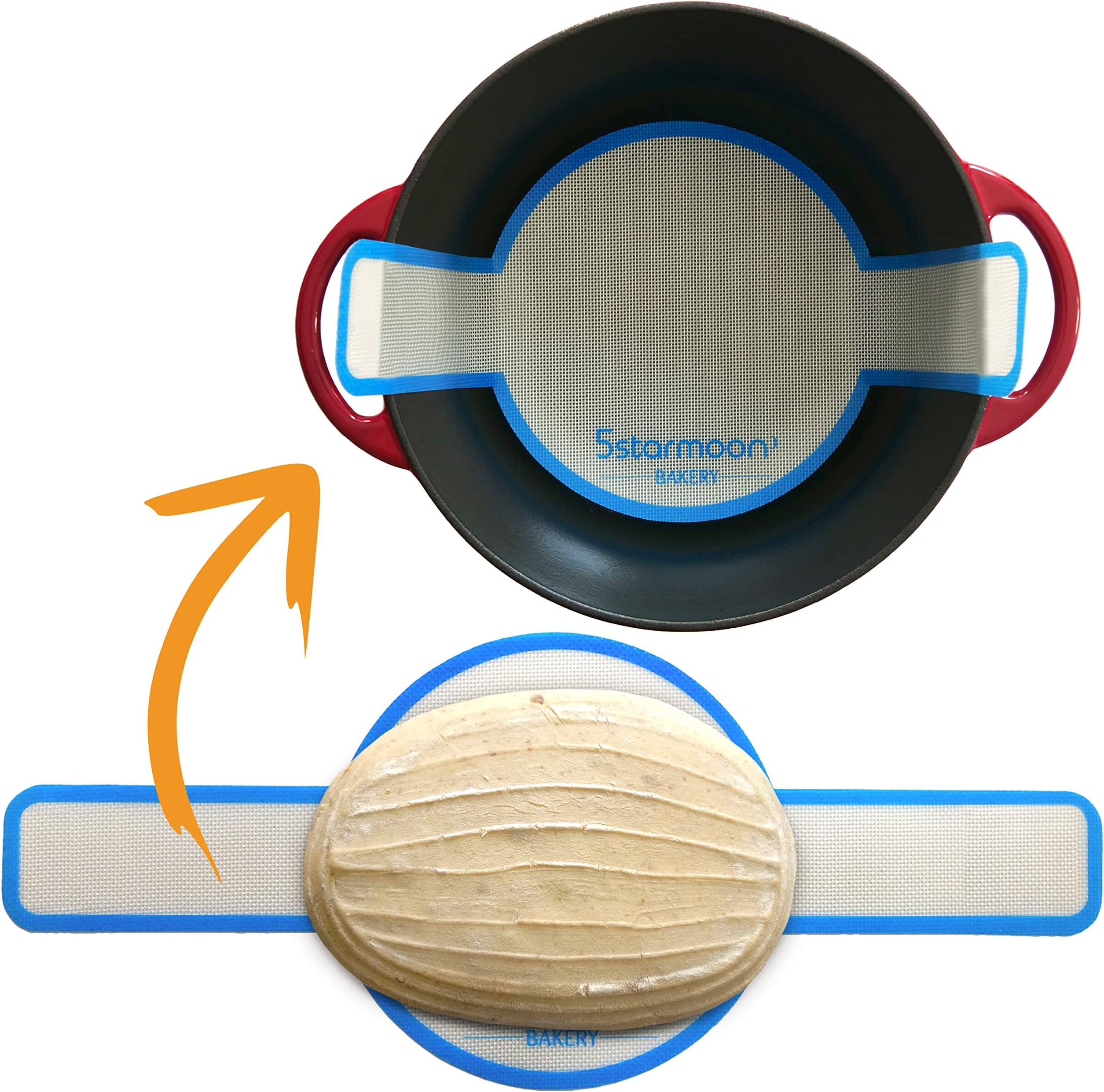 1 Silicone Bread Sling Dutch Oven Liner - Extra Thick Non-Stick Reusable Silicone Sourdough Bread Baking Mat with Long Handles, Sourdough Bread Baking Supplies for Easy Dough Transfer (Trim Blue)
