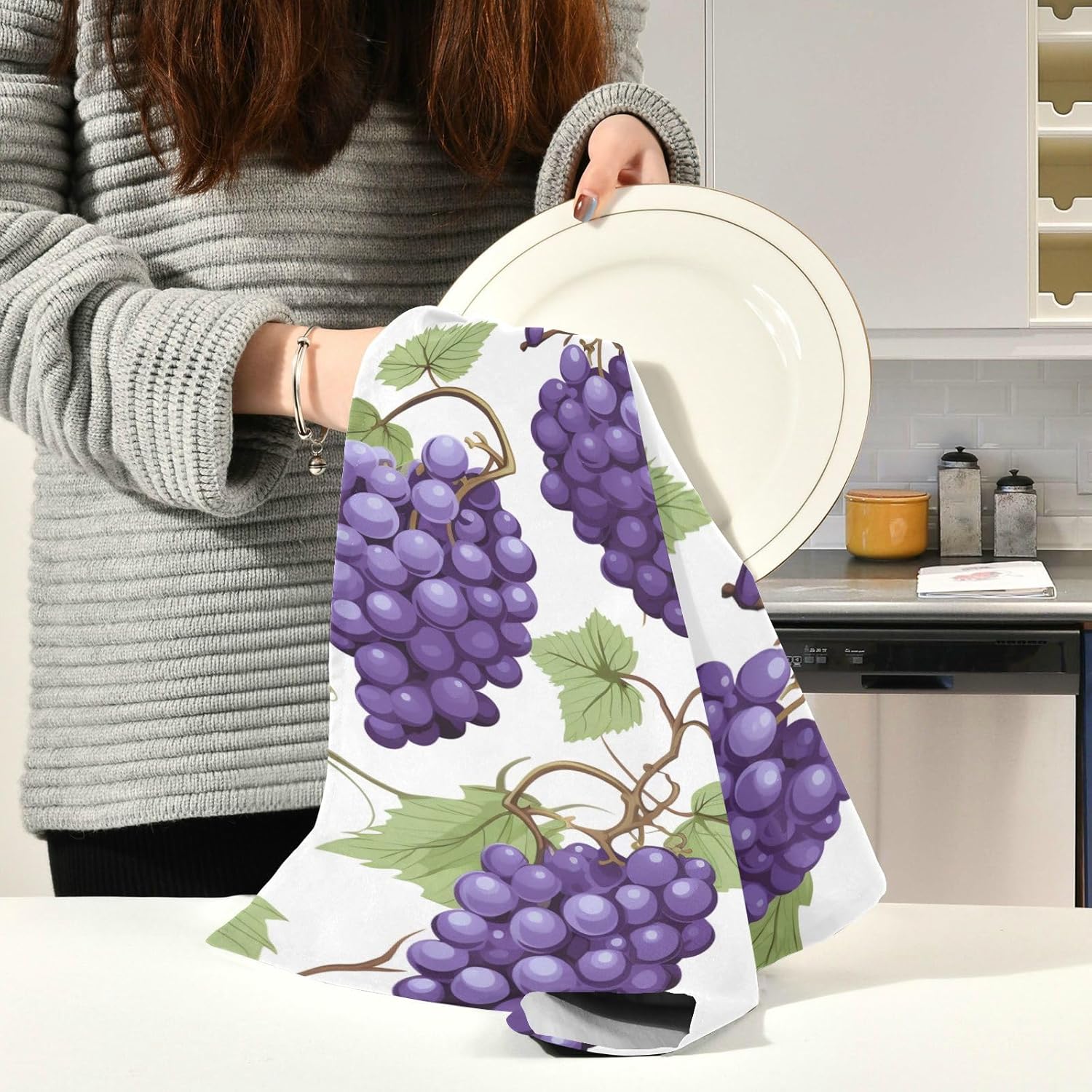 Bolaz Purple Grapes Kitchen Towel, Dish Towels Quick Drying Tea Towels Absorbent Hand Towels for Kitchen Sink Dinner Table 28 x 18 Inches, Set of 4