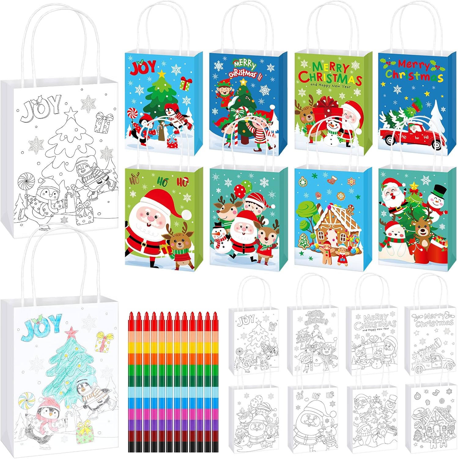 Jectivs 64Pcs Christmas Paper Gift Bags with 32Pcs Crayons Bulk for DIY Coloring Your Own Goodie Bags for Xmas Party Favors,Birthday Painting Crafts Kits Gifts for Christmas Holiday Party Supplies