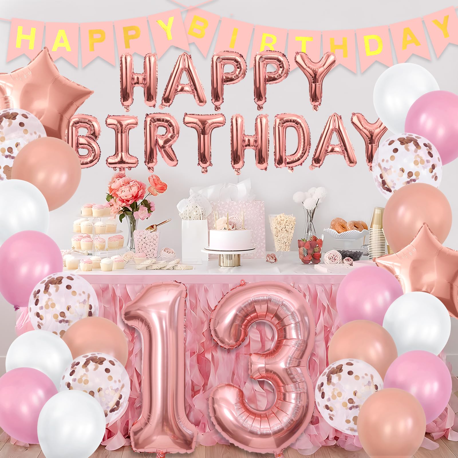 13th Birthday Decorations Set, Rose Gold Birthday Party Decorations, Happy Birthday Banner, Official Teenager Balloon Banners, Rose Gold Latex Balloons for 13 Year Old Party Supplies