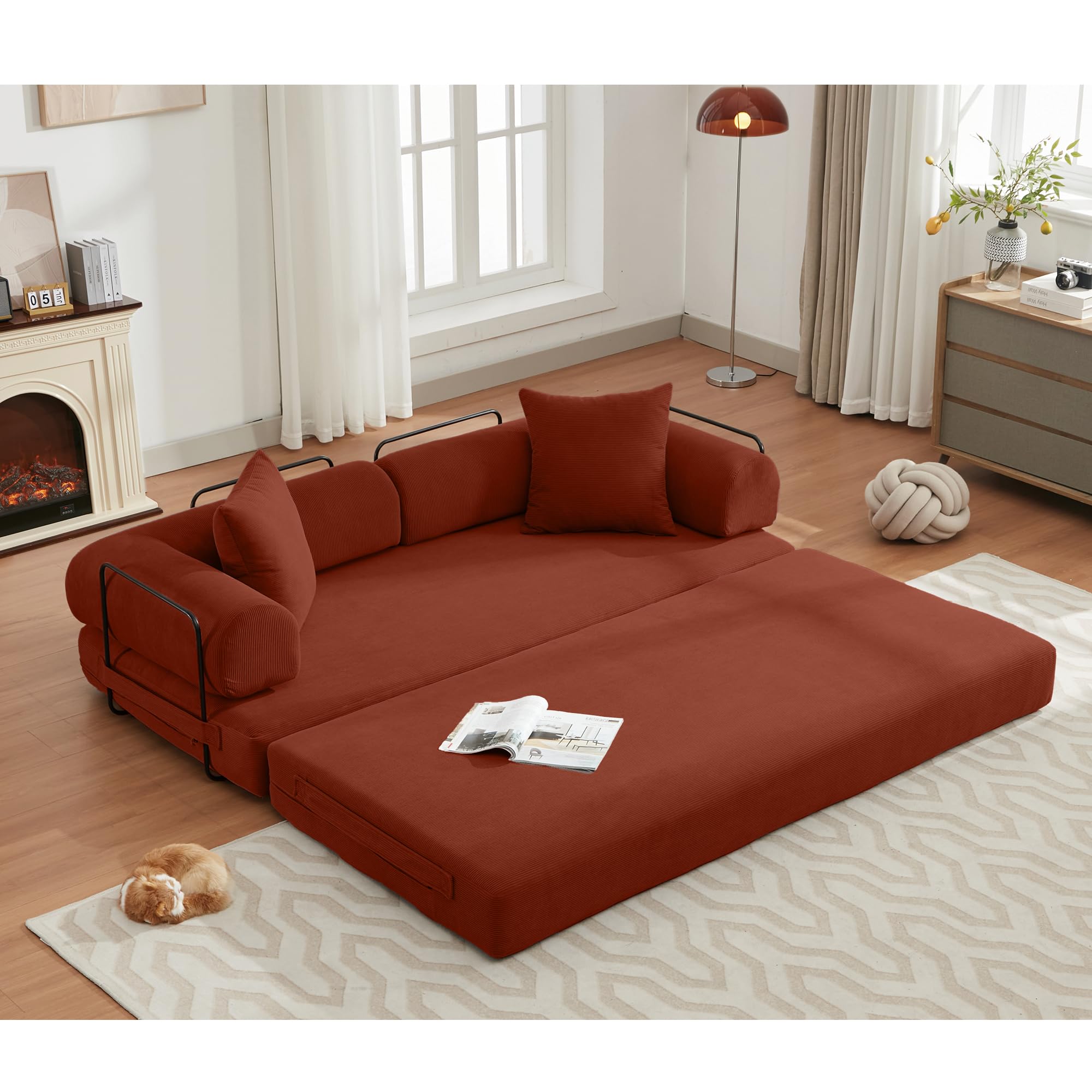 Convertible Sleeper Sofa Bed with Cylindrical Pillow, Corduroy Folding Boneless Couch with Fixed-Shape Frame, Floor Sofa Lounge Couch for Living Room Bedroom Lounge Studio-Ancora Red