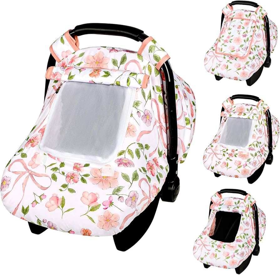 Windproof Baby Car Seat Cover, 3D Mink Dot Infant Car Seat Canopy with Breathable Mesh Window, Baby Carrier Cover for All Seasons, Easy Access Carseat Carrie Snug Fit Stroller, Pink Bow