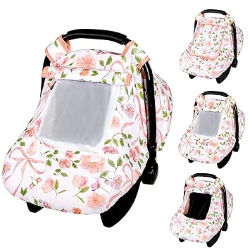 Windproof Baby Car Seat Cover, 3D Mink Dot Infant Car Seat Canopy with Breathable Mesh Window, Baby Carrier Cover for All Seasons, Easy Access Carseat Carrie Snug Fit Stroller, Pink Bow