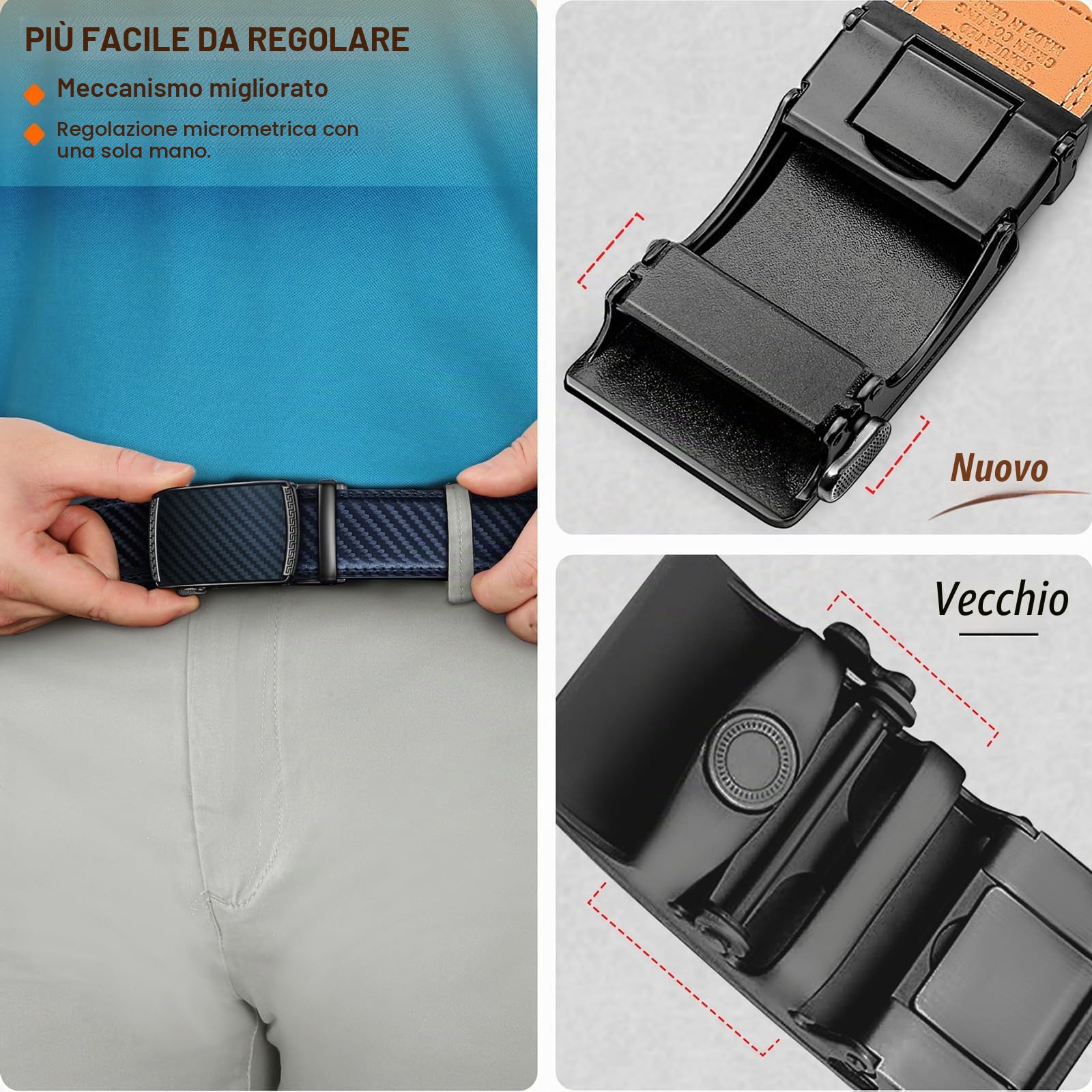 KEMISANT Cintura Uomo 2 Pezzi, Cintura Uomo Pelle Cricchetto Automatica Fibbia 35mm,Trim Regolabile per Adattars
