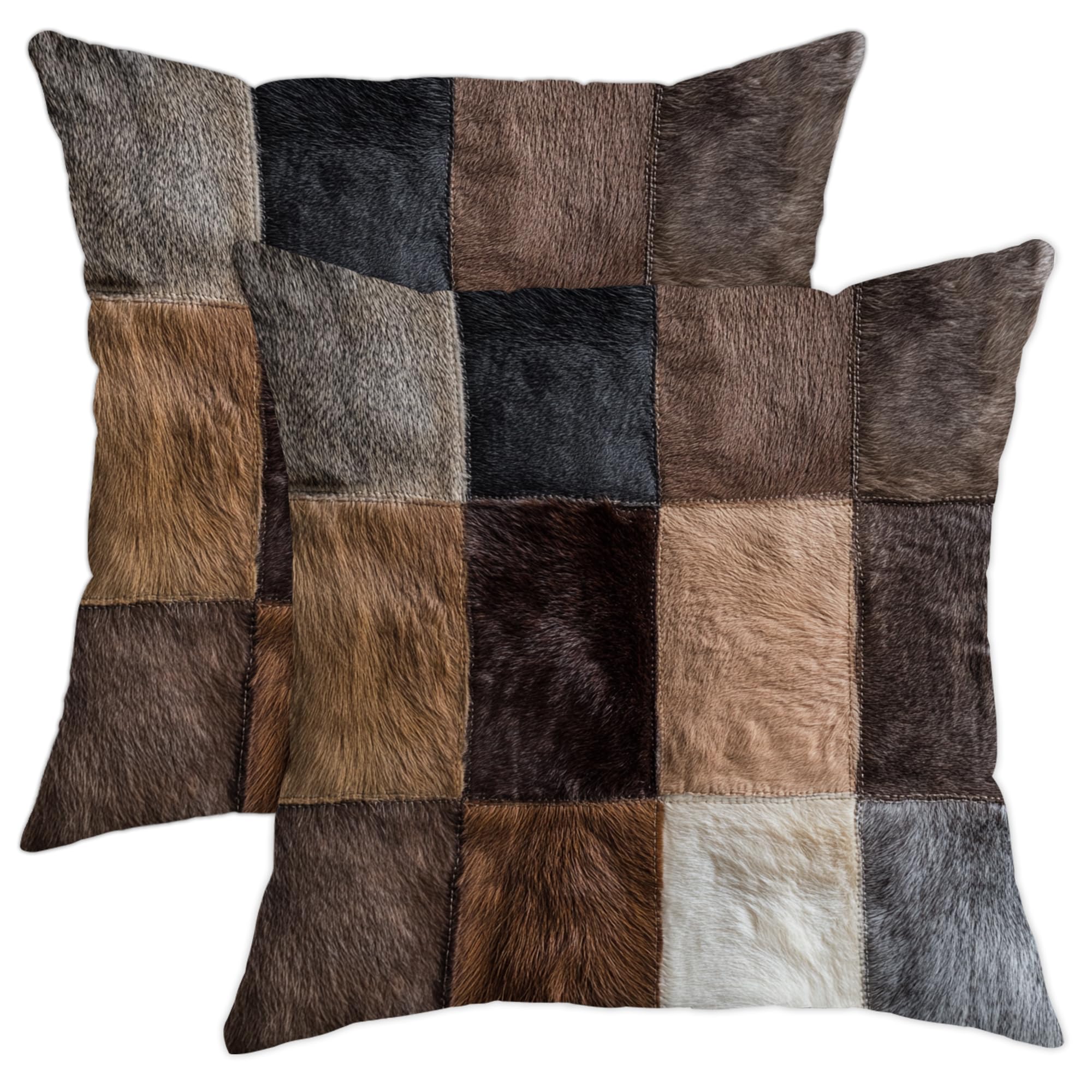 Patchwork Faux Fur Pillow Covers Set of 2, Brown Animal Print Throw Pillow Cases, Cozy Decorative Square Farmhouse Style Cushions for Living Room Sofa Bed Couch 16x16 Inch