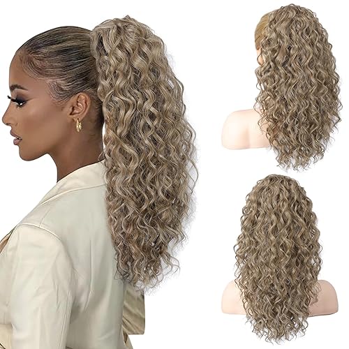 HOOJIH Extensión de cola de caballo, extensiones de cabello rizado ondulado con cordón, extensiones de cola de caballo falsas extra esponjosas,