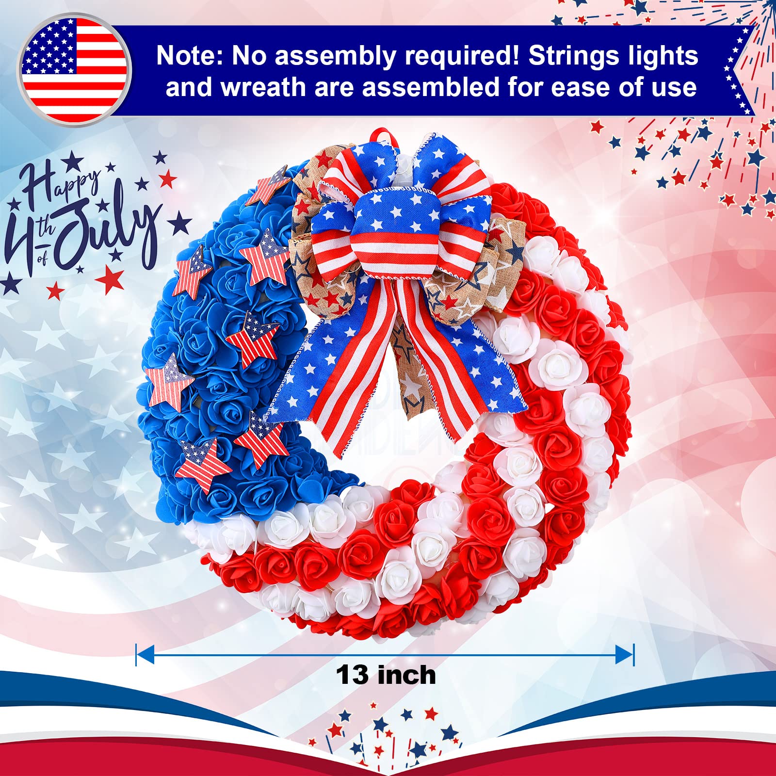 Patriotic Soldier Lighted Wreath for Front Door, Rose Wreath with 60 LED Red White, Blue Light, Timing Door Wreath for 4th of July/Independence Day/Memorial Day/Veterans Day/Labor Day(Bow Style)