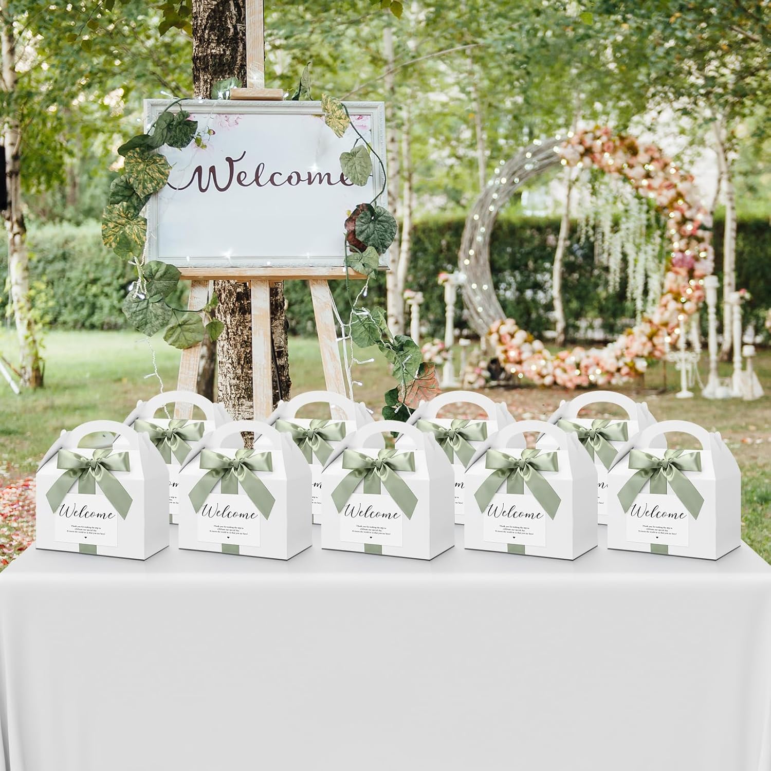Maitys 24 Set Welcome Gable Boxes with Ribbon and Label 9x6x6'' Wedding Gift for Guests Large Paper Welcome Boxes for Wedding Bridal Baby Shower Party Favors (Sage Green)