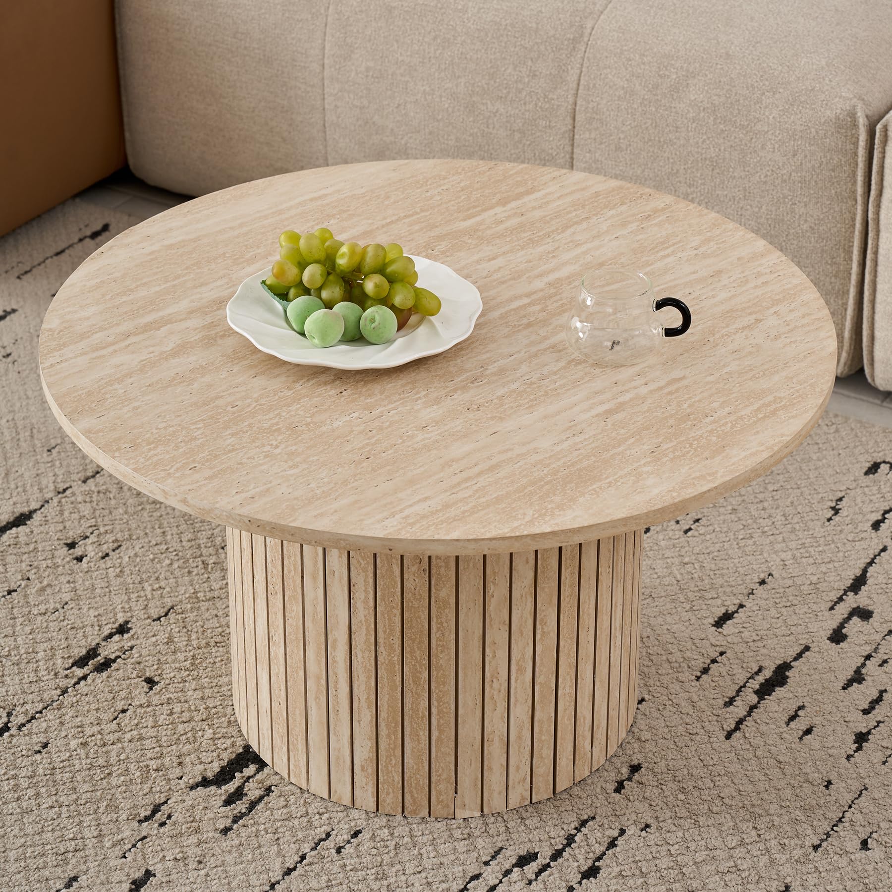Lot de 2 Tables Basses Rondes en Bois, Table D'appoint Moderne avec Base à Colonne Romaine pour Salon, Balcon et Chambre (Travertin Jaune)