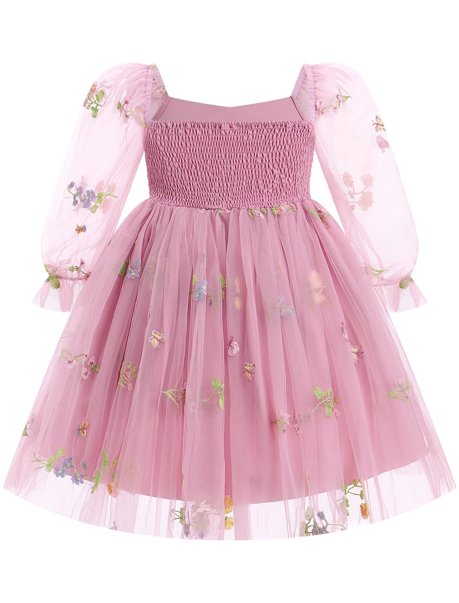 IBTOM CASTLE Toddler Baby Flower Girl Dress Mesh Long Sleeve Floral Embroidery Princess Tulle Tutu Dress Cake Smash Easter Outfit Dusty Pink-Floral 6-12 Months
