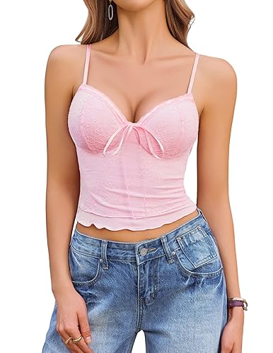 Avidlove Tank Top for Women Summer Tops Going Out Tops for Women Y2k Tops Lace Tops Spaghetti Strap Tank Top - Pink - Large