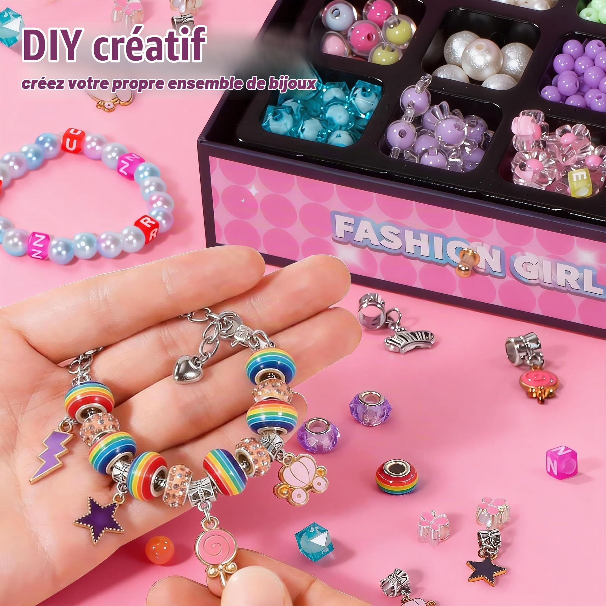 WOANZZ Kit Fabrication Bijoux Fille - Coffret Création Bracelet Breloque & Collier avec Perles, Boîte de Rangement avec Miroir, Jeu Créatif Activité Manuelle, Cadeau Fille 4 à 12 Ans, Rose