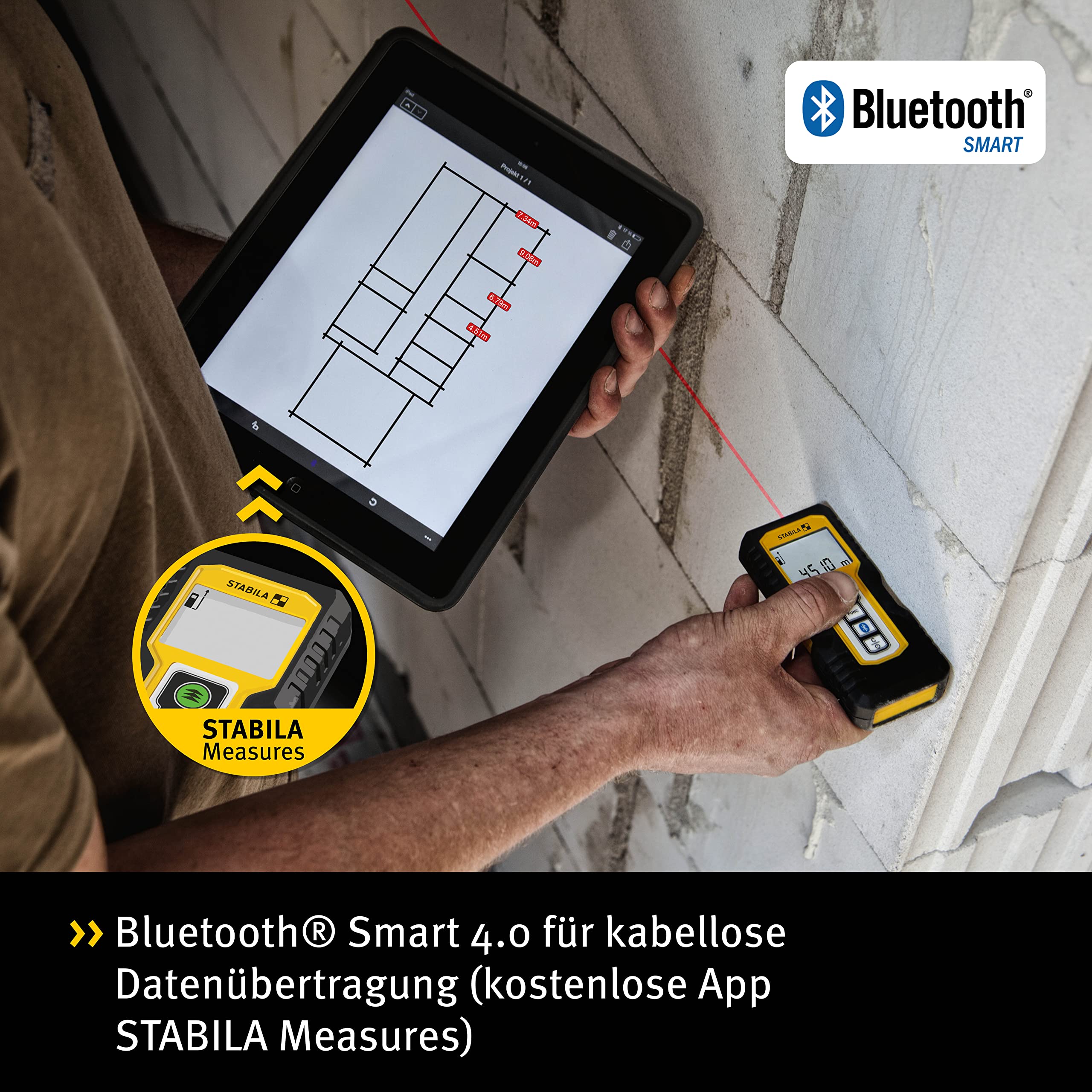 STABILA Laser-Entfernungsmesser LD 250 BT, Bluetooth Smart 4.0, max. Messbereich 50 m, 4 Messfunktionen (u. a. Fläche und Volumen), IP 54, inkl. Batterien (2X AAA)