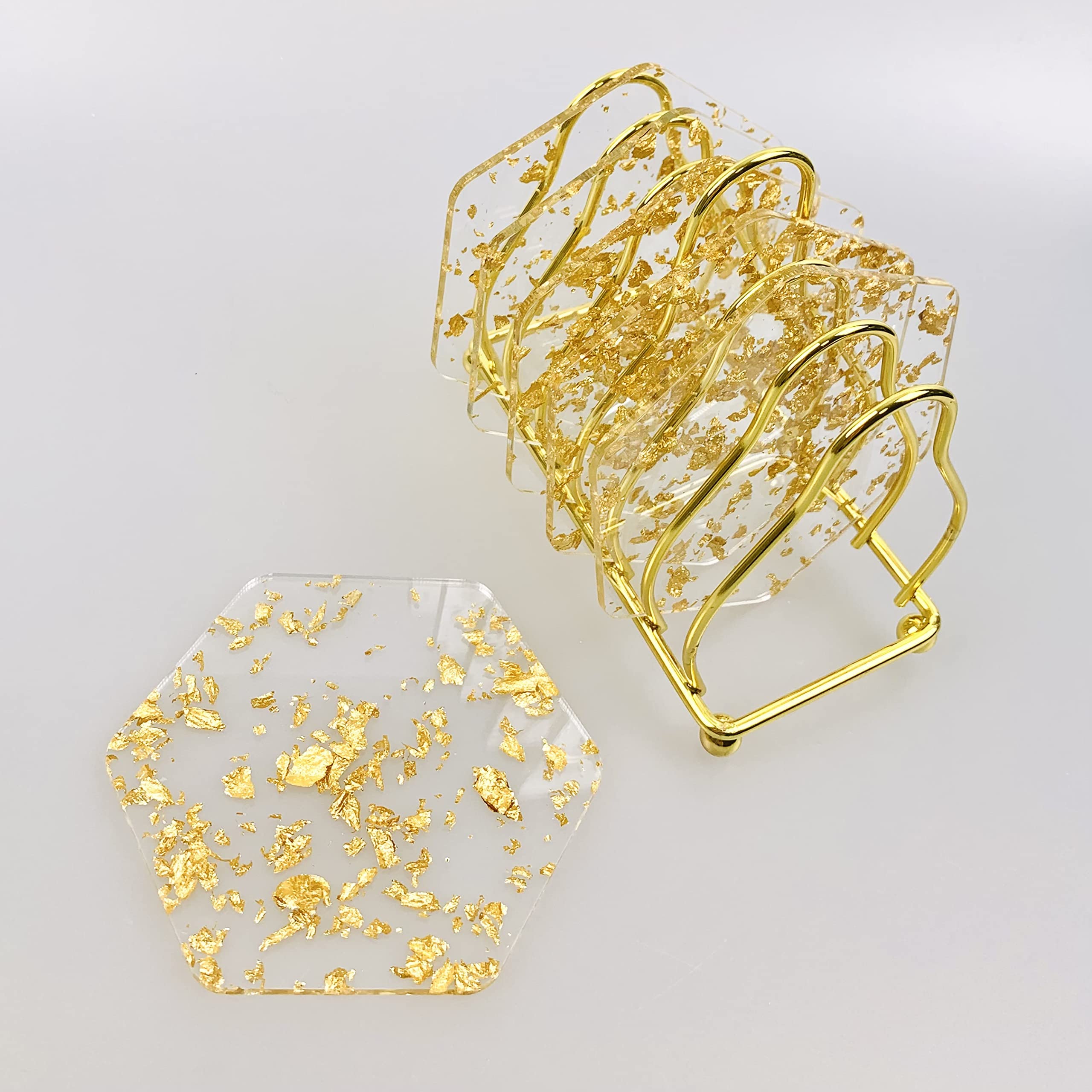 Coaster 6-Piece Set with Metal Stand, Acrylic Gold Foil Coaster, Anti-Scald Heat Resistant Desk Protector, Cup Mat Teapot for Various Cups