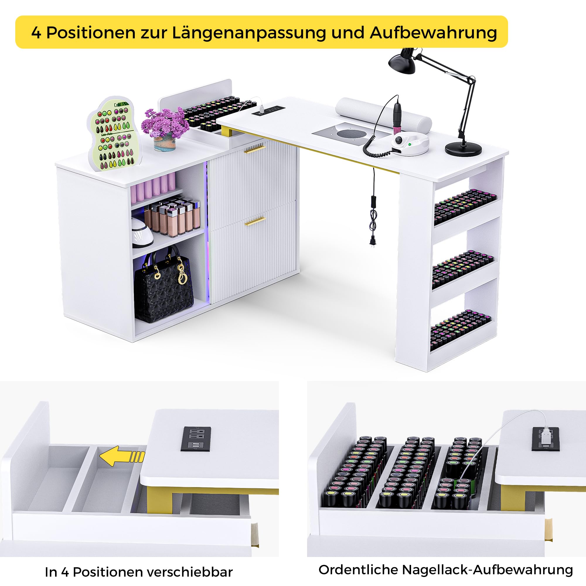 Nageltisch mit Staubabsaugung RGB App-Steuerung, Längenverstellbarer Manikürtisch mit Schrank, Großer Stauraum für Profi Nagelstudio & Nageldesign, Weiß