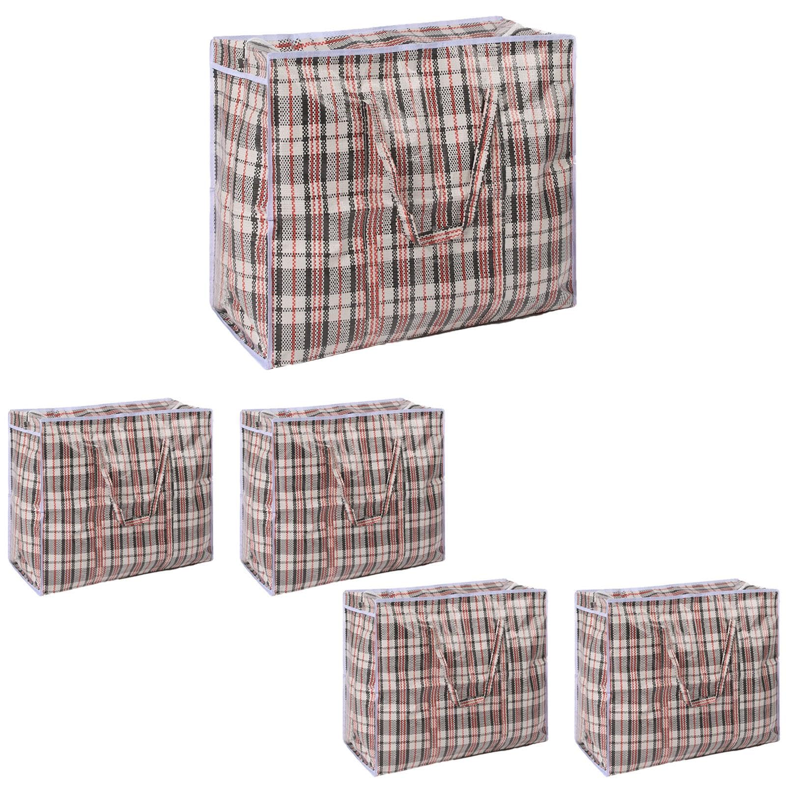 OHS Reusable Laundry Bags with Zips Set of 5 Grey Check, Easy To Carry Handles Extra Large Laundry Bags Heady Duty Clothing & Wardrobe Storage Travel Moving Shopping