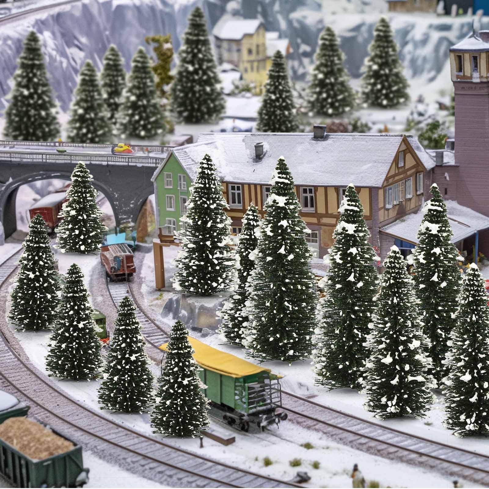 Evemodel Modello pista di neve abeti alberi innevati per paesaggio d'inverno paesaggio per casa decorazione natalizia (40 pezzi di altezza diversa)