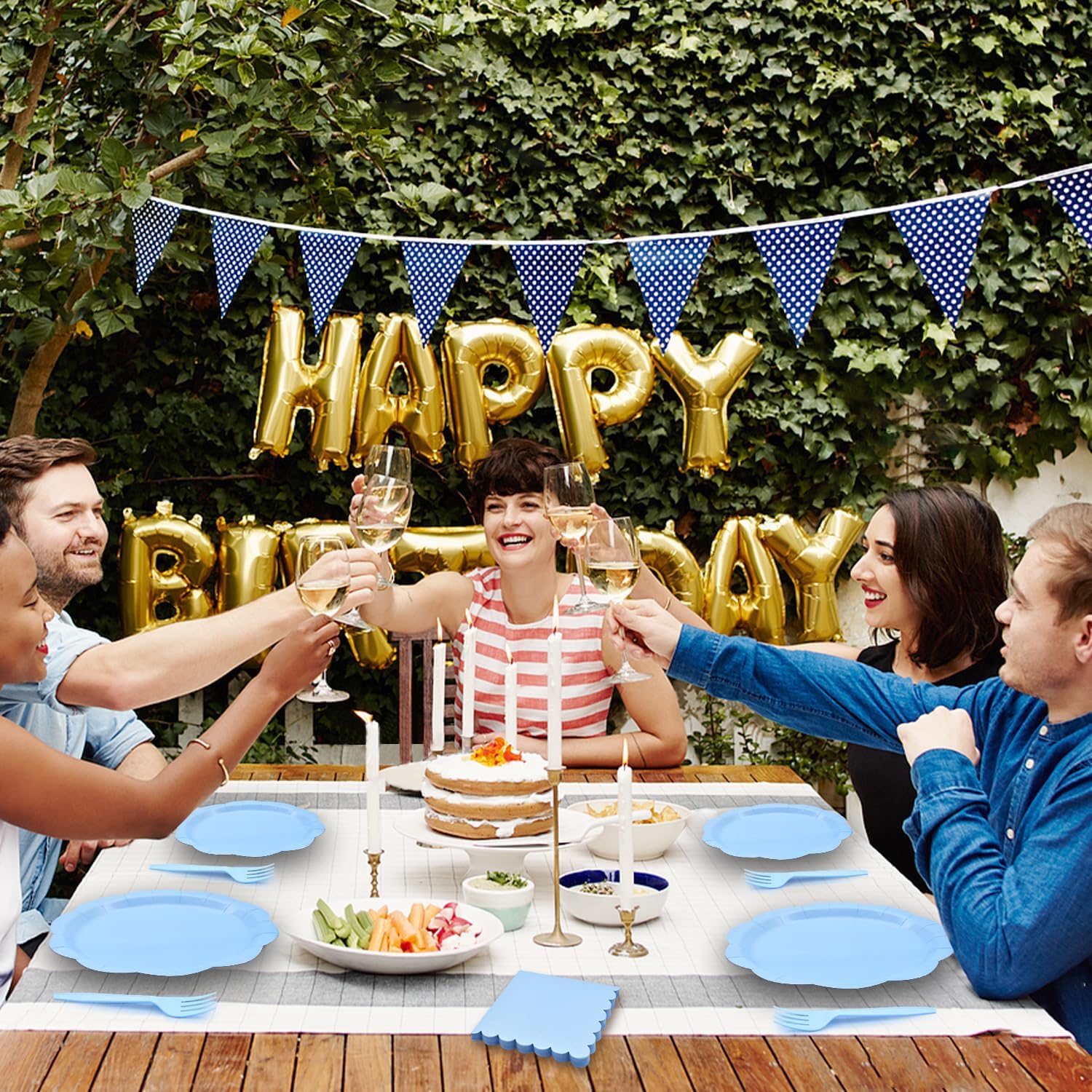 96 Pieces Light Blue Scalloped Tableware Set Party Supplies – Solid Color Disposable Dinnerware with Paper Plates, Napkins, and Forks for Baby Showers, Boys Birthday, Spring Celebrations – Serves 24 - Image 7