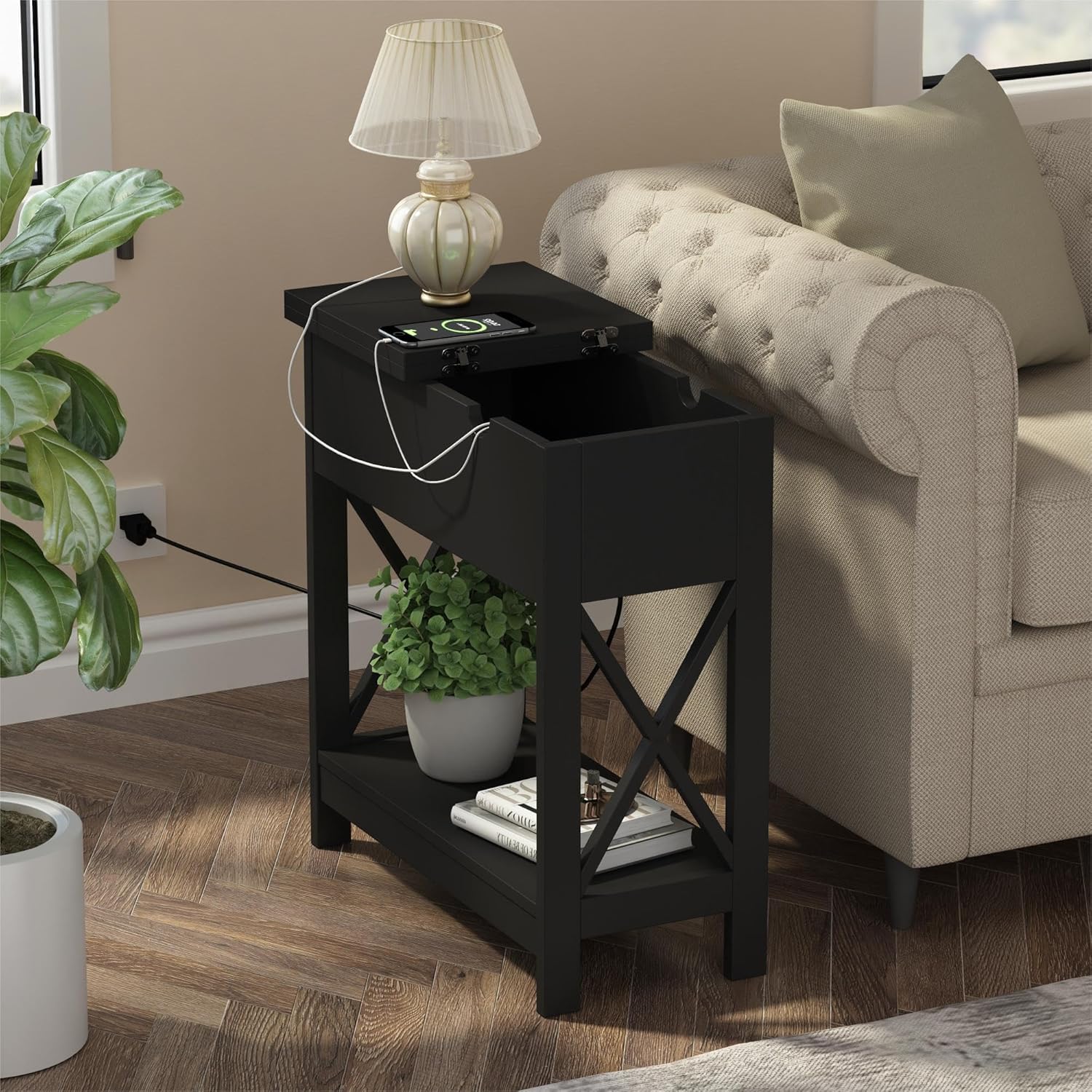 ChooChoo End Table with Charging Station, Narrow Flip Top Side Table with USB Ports & Power Outlets for Small Spaces, Nightstand Sofa Table for Living Room, Bedroom, Black, 2 Pack