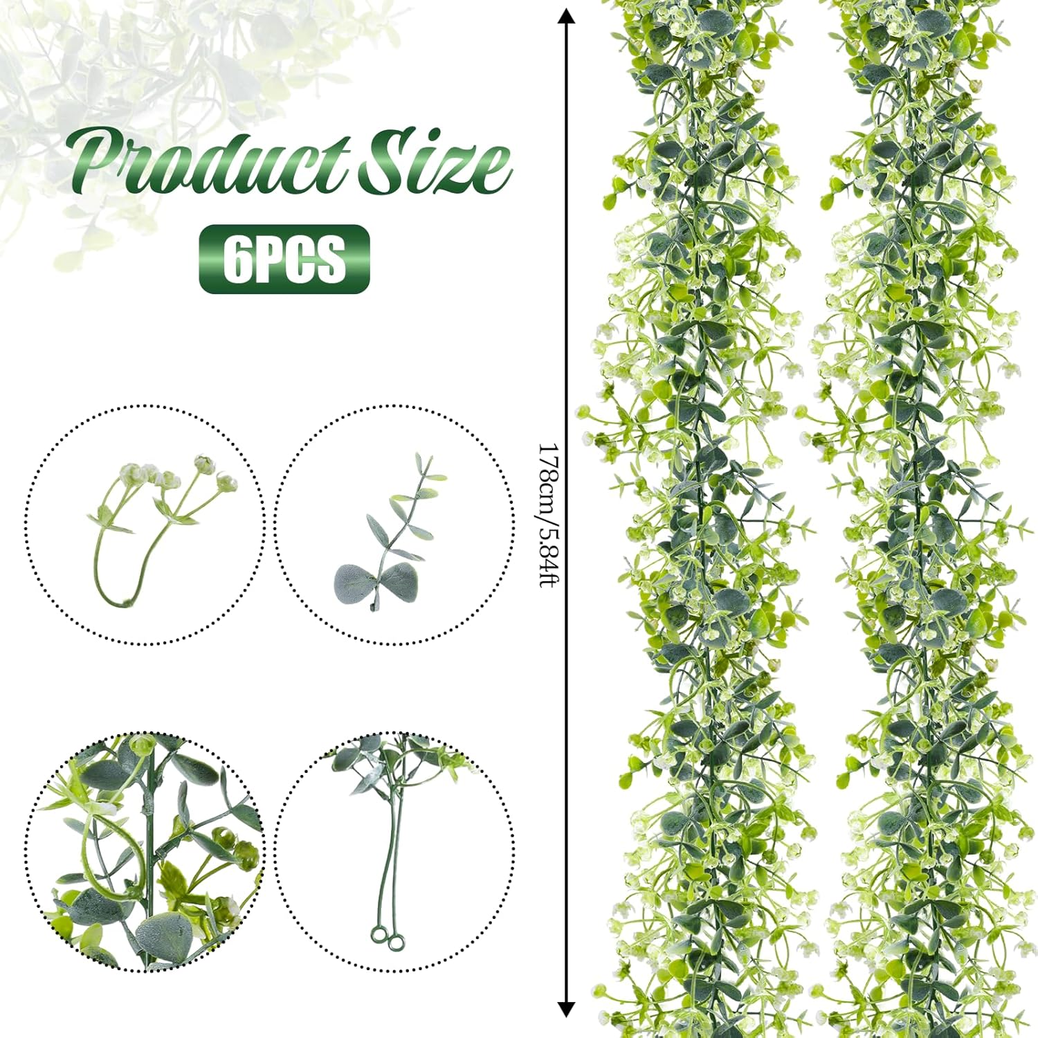 6pcs Artificial Vines Eucalyptus Garland Faux Eucalyptu Garland 5.8ft Artificial Eucalyptus Garlands Vine Garlands for Table Decor for Wedding Party Home, Classroom, Wall,Party Decoration - Image 2