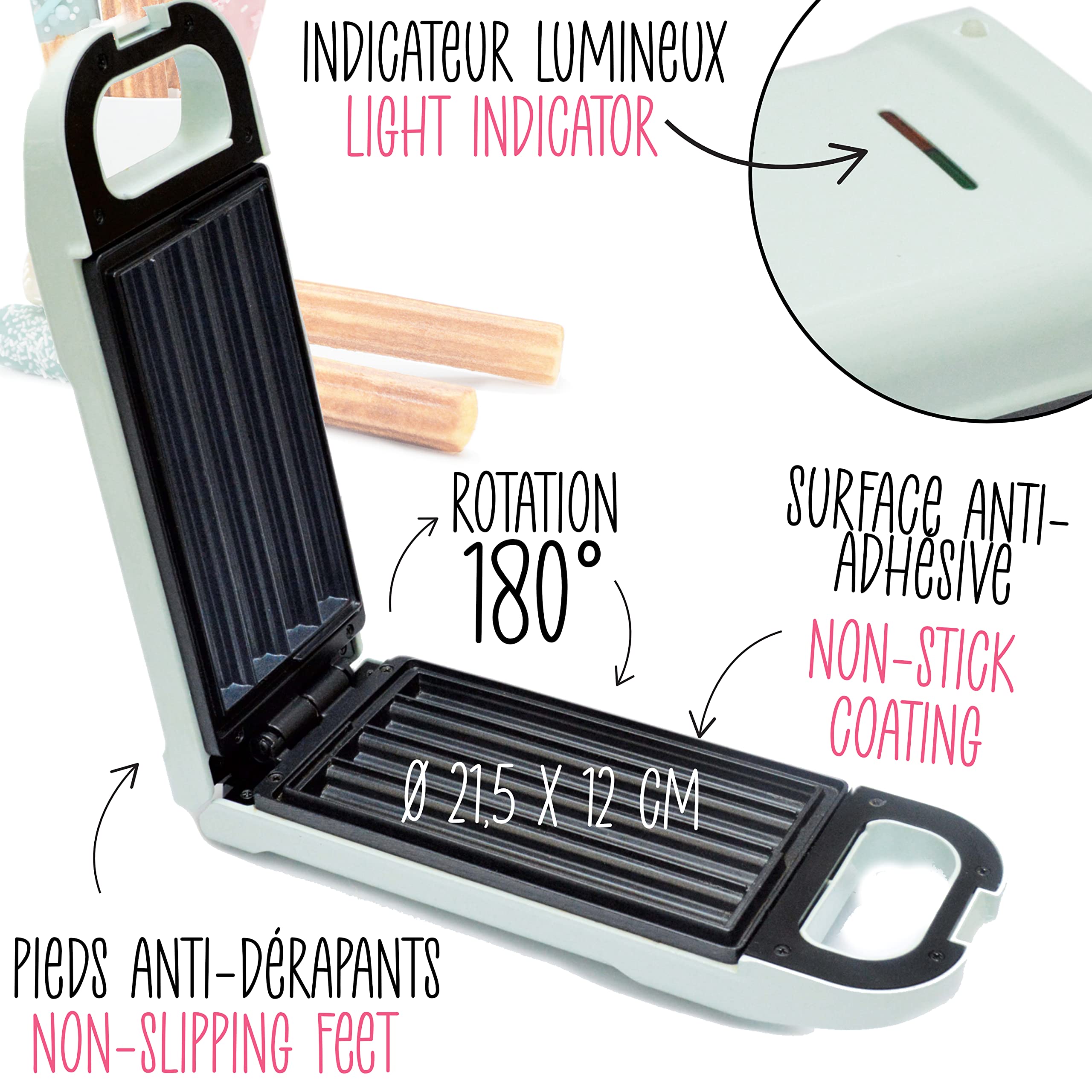 ScrapCooking - Churros Factory - Machine à Churros Maison - Avec Plaque Chauffante Anti-Adhérente, Rotation 180° - Appareil Idée Cadeau Pâtisserie Cuisine - Recette incluse - Vert - 3888