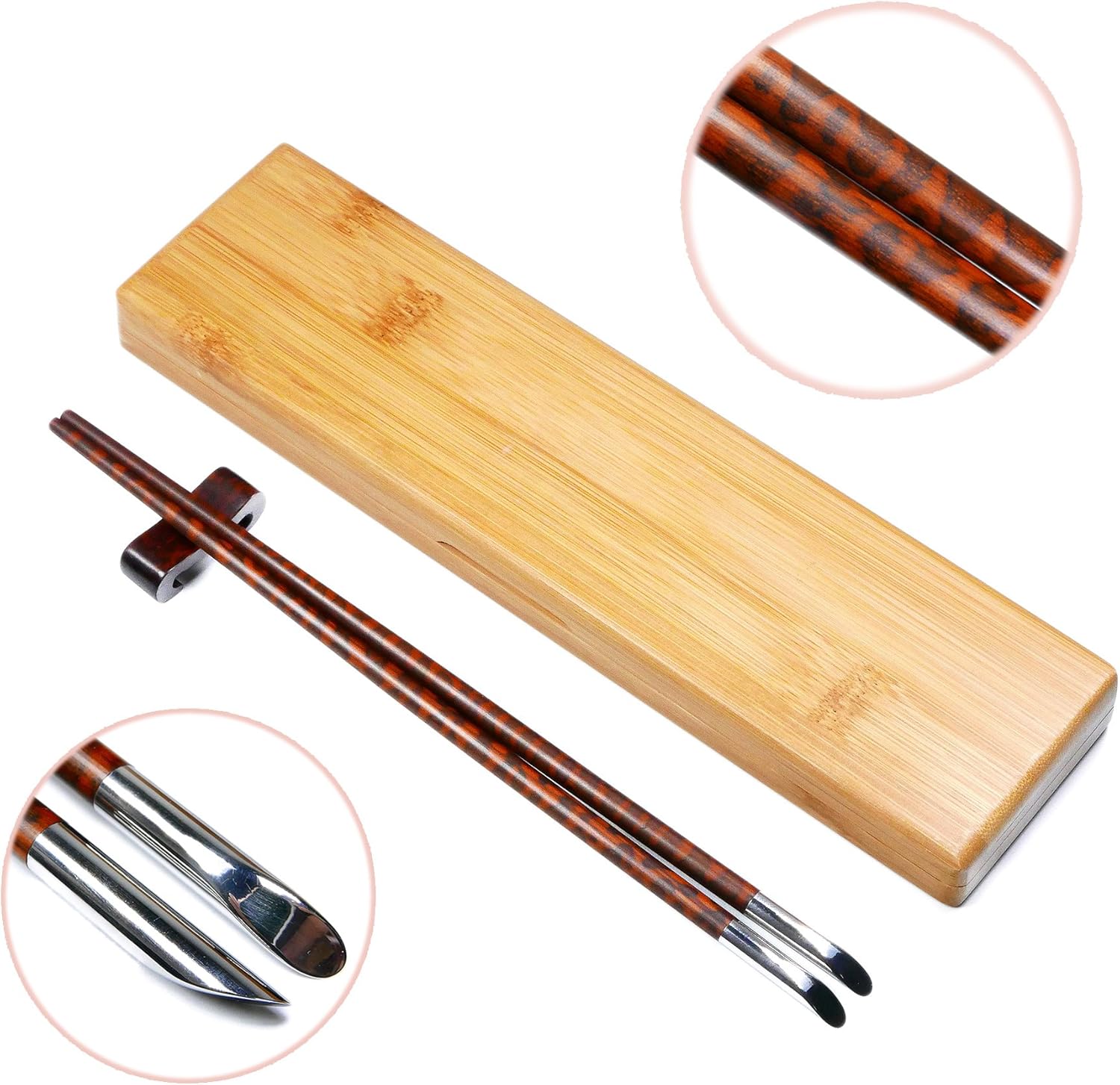 1 Pair Premium Natural Snakewood Reusable Chopsticks Set with Rest and Bamboo Case - Classic Round Handle with Stainless Steel Heads - Japanese Style - Custom Engraving Personalized Noble Gift Set