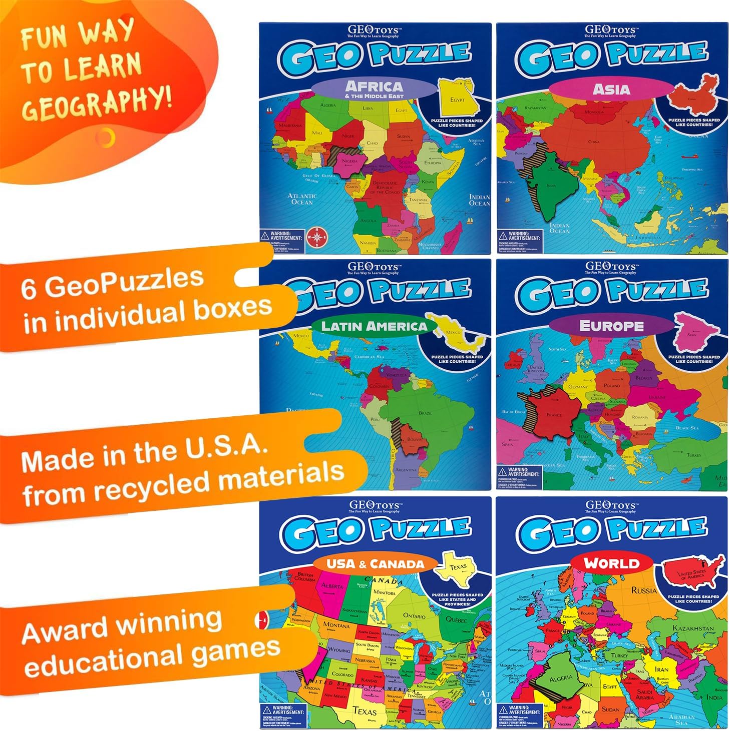 GeoToys GeoPuzzle, Country Jigsaw Puzzles Set of 6, Geography Puzzle, Geography Game & Map Puzzle - Jigsaw Puzzles for Kids Ages 6-9, Stocking Stuffers for Kids, Christmas Gifts for Grandkids