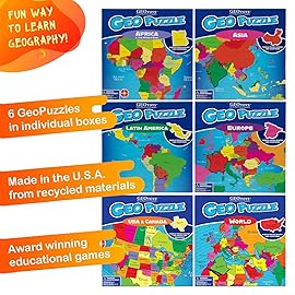 GeoToys GeoPuzzle, Country-Shaped Jigsaw Puzzles Set of 6, Geography Puzzle, Geography Game & Map Puzzle - Jigsaw Puzzles for Kids Ages 6-9 Years Old, Stocking Stuffers for Kids
