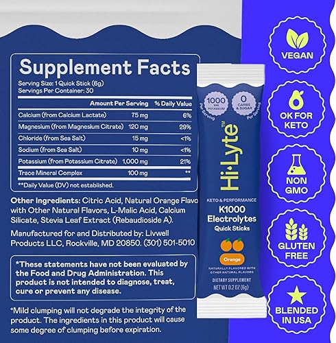 Miniatura 2 de Hi-Lyte K1000 - Paquetes de electrolitos en polvo, naranja, 30 porciones  1000 mg de potasio + magnesio, sodio, minerales traza  0 carbohidratos, 0