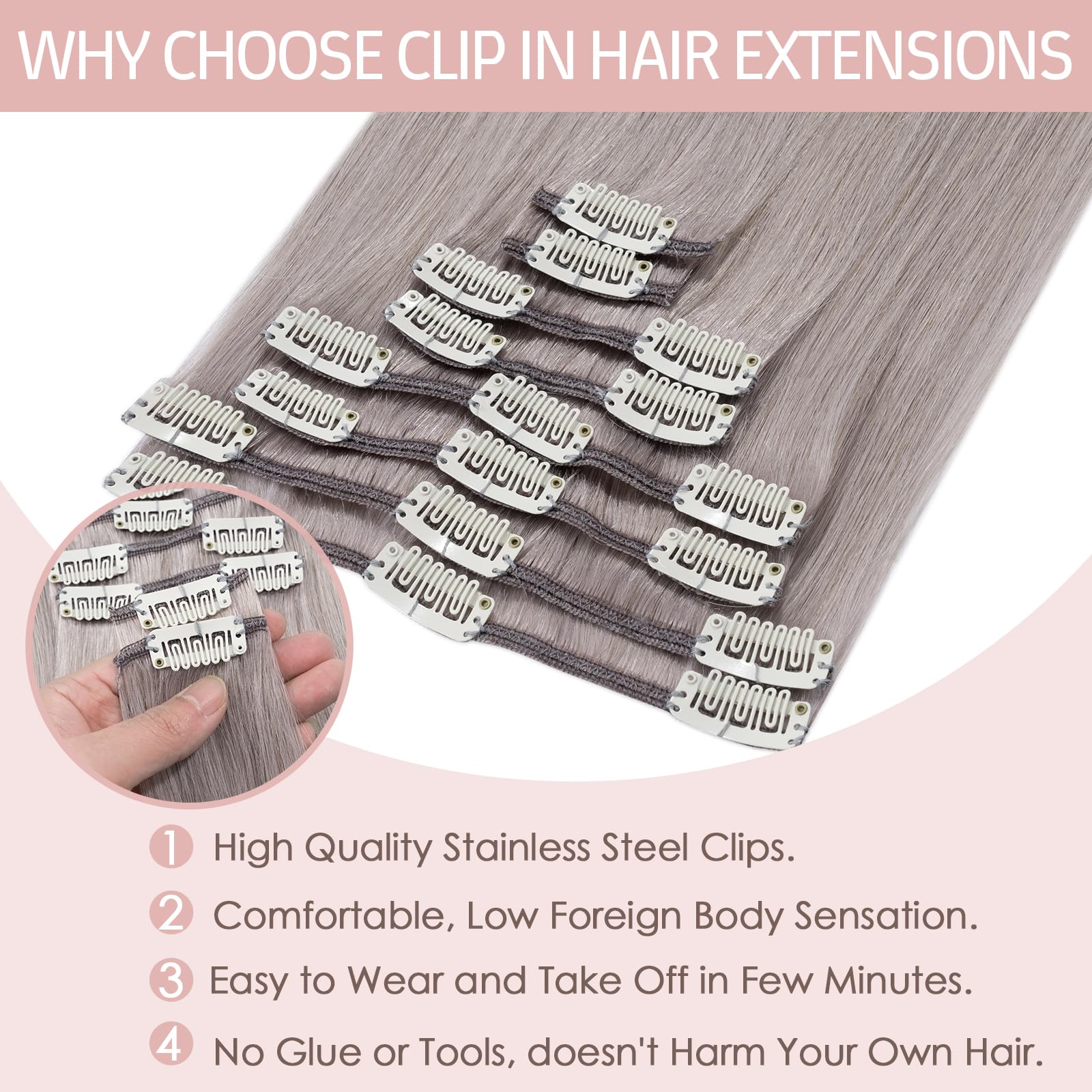 Silk-co Dopinki do włosów z prawdziwych włosów, clip in, 8 tresek, 18 klipsów, 65 g, prawdziwe włosy Remy, przedłużenie włosów, kolor szary, 40 cm