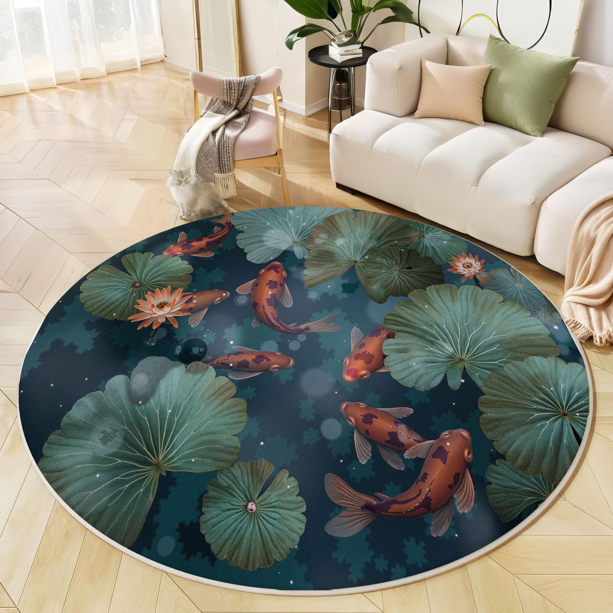 Tapis salon rond koi paysage animalier vert foncé grand tapis de chambre 200 cm