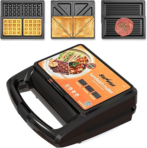 Miniatura 13 de Sunvivi Sandwich Maker Panini Press: waflera con placas extraíbles, prensa para sándwiches 3 en 1 con placas antiadherentes, luces indicadoras y