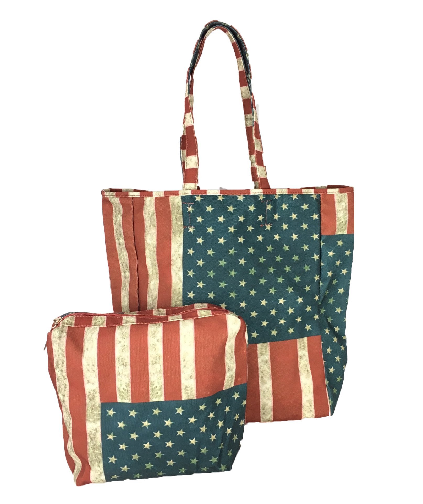 American Flag Tote Pouch Set Cotton Canvas Shopper Bag with Zip Closure Pouch Vintage Print Travel Accessory