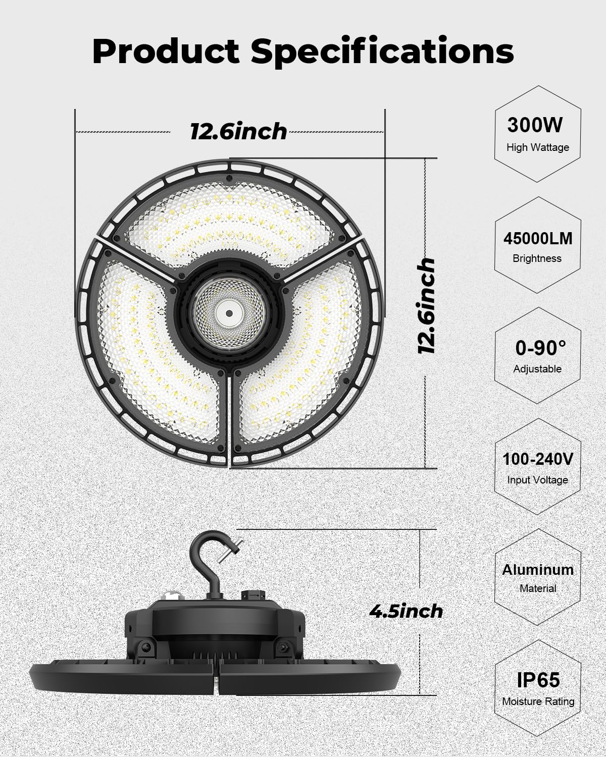 4 Pack LED High Bay Light 300W 45 000LM UFO LED High Bay Light with Hook and 6 — view 7