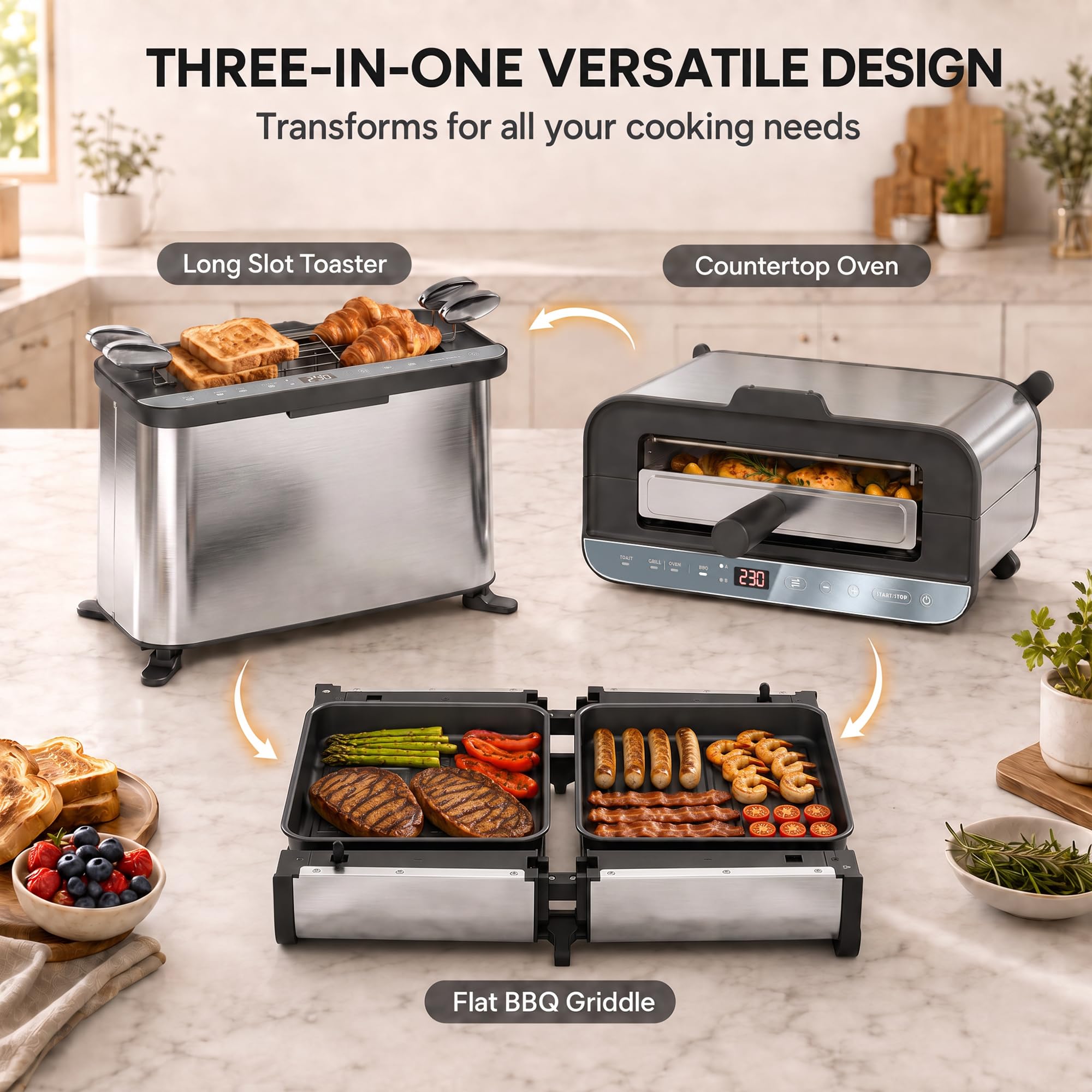 HOMCOM horno eléctrico 3 en 1, tostadora y grill de sobremesa, 5,2 qt, LED, temporizador 60 min, acero inoxidable, 1700 W