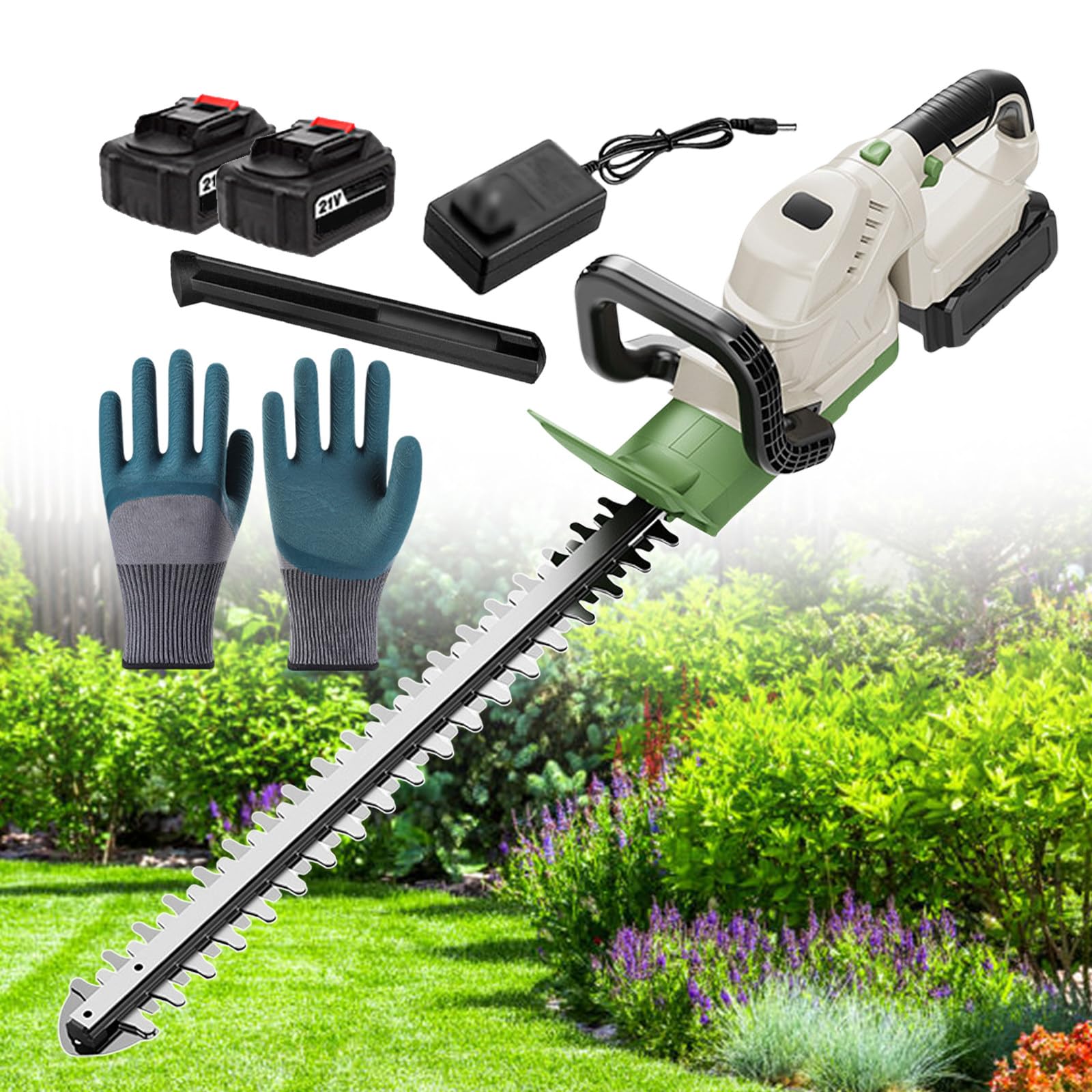 Cortasetos Inalámbrico De 21 V, Longitud De Cuchilla De 51 Cm, Cortasetos De Mano para Jardín O Césped, con Indicador De Nivel De Potencia, Interruptor De Activación Doble,2batteries