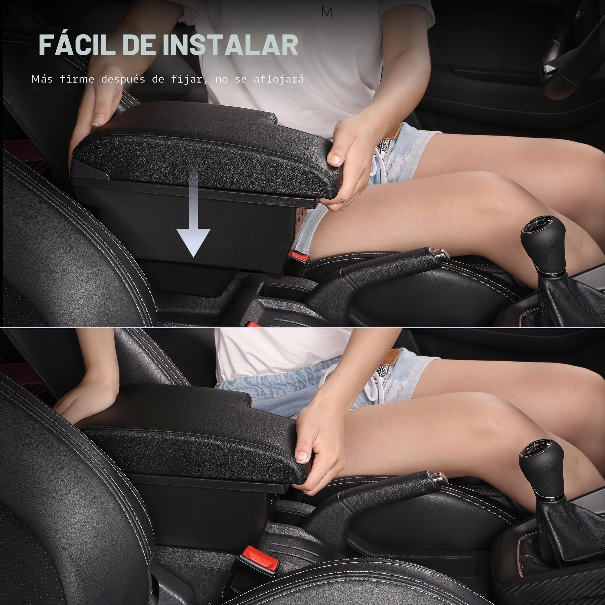 Reposabrazos de Coche Para Nissan JUKE ESQ 2013-2017 | Espacio de Almacenamiento de Doble Nivel, Montaje Sencillo, 3 Puertos USB, Ajustable, Cuero PU, Costuras Negras