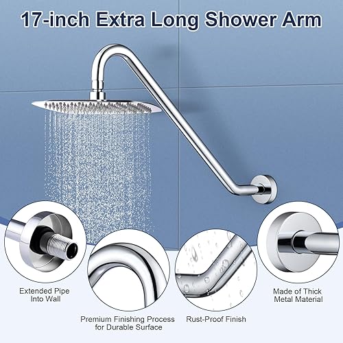 Miniatura 6 de Brazo de extensión de cabezal de ducha con brida, 17 pulgadas, tubo elevador de cabezal de ducha en forma de S de acero inoxidable Uvish de 17
