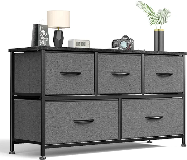 Sweetcrispy Dresser for Bedroom 5 Fabric Drawers Dresser Clothes Cabinet Storage Organizers and Wood Top Surface Table for TV, Chest of Drawers for Bedroom, Living Room, Hallway, Porch Organization