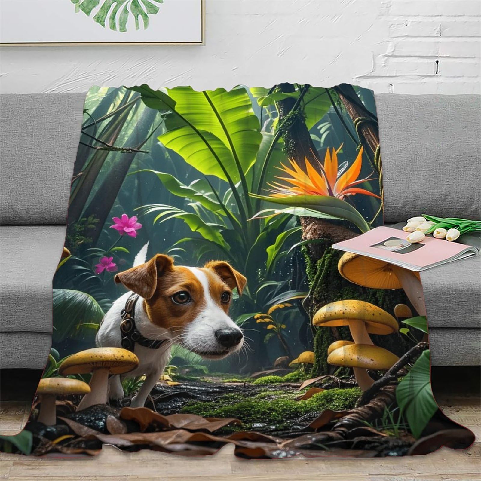 Jack Russell Terrier Fleece Throw Blanket for Couch Sofa Bed All Season Jack Russell Terrier Rainforest Pattern Blanket Fluffy Soft Warm Flannel Gifts for Wedding Anniversary 60x80inch(150x200cm)