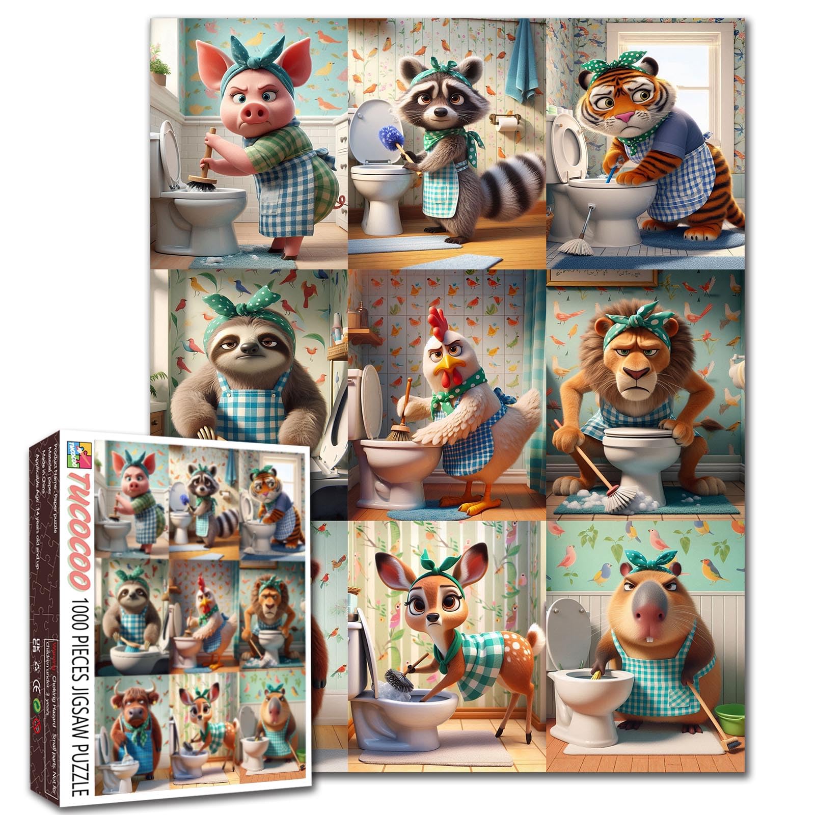 Funny Animal Puzzle for Adults 1000 Pieces Cute Cartoon Animals Cleaning Bathroom Jigsaw Puzzle Humorous Whimsical Collage Art Puzzles for Home Wall Decor DIY Craft Gifts - 19.7 x 27.6 Inches — image 1