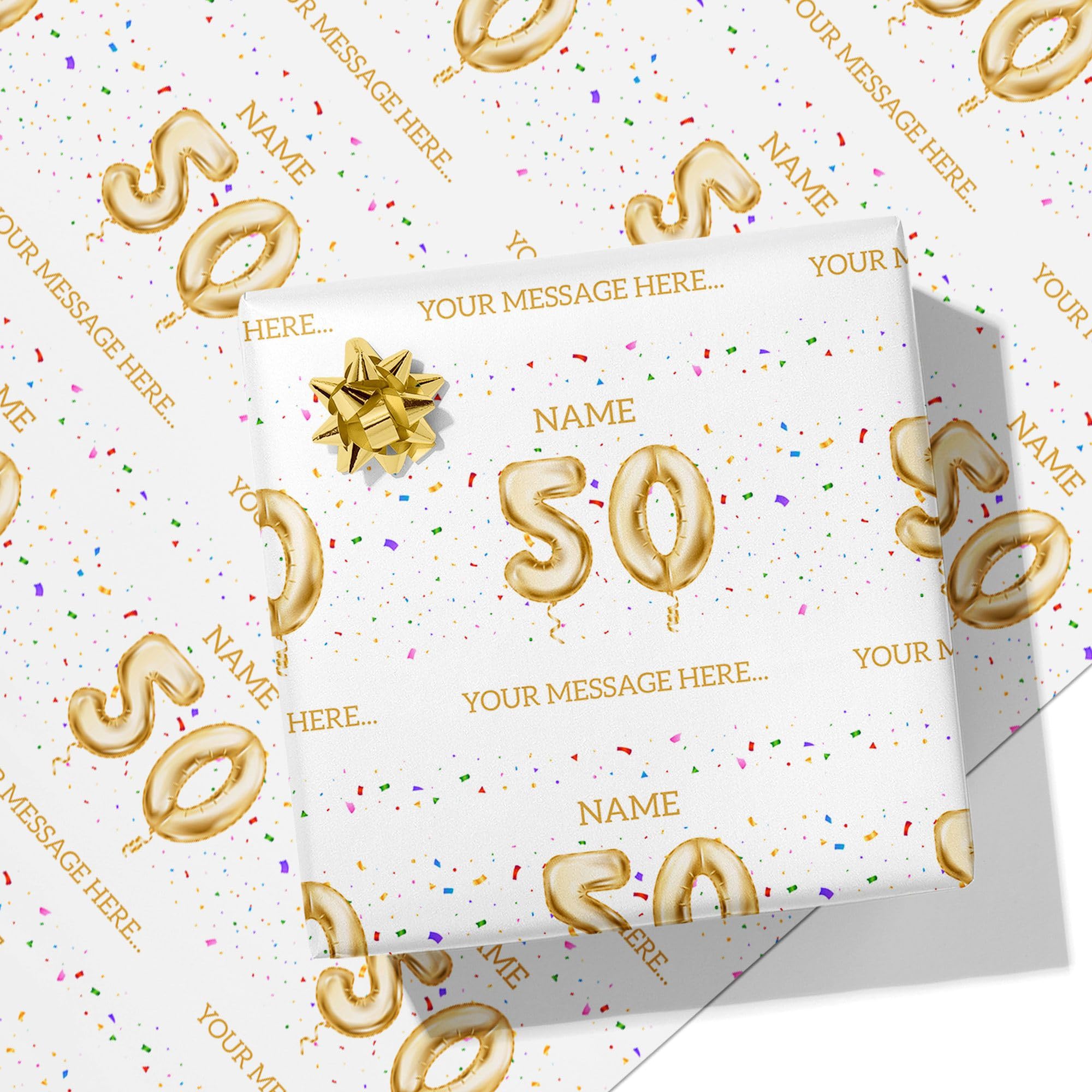 Printster 50th Milestone Birthday Balloons Personalised Text Wrapping Paper - Add Any Name and Message-50-5m Roll - 594mm x 5000mm
