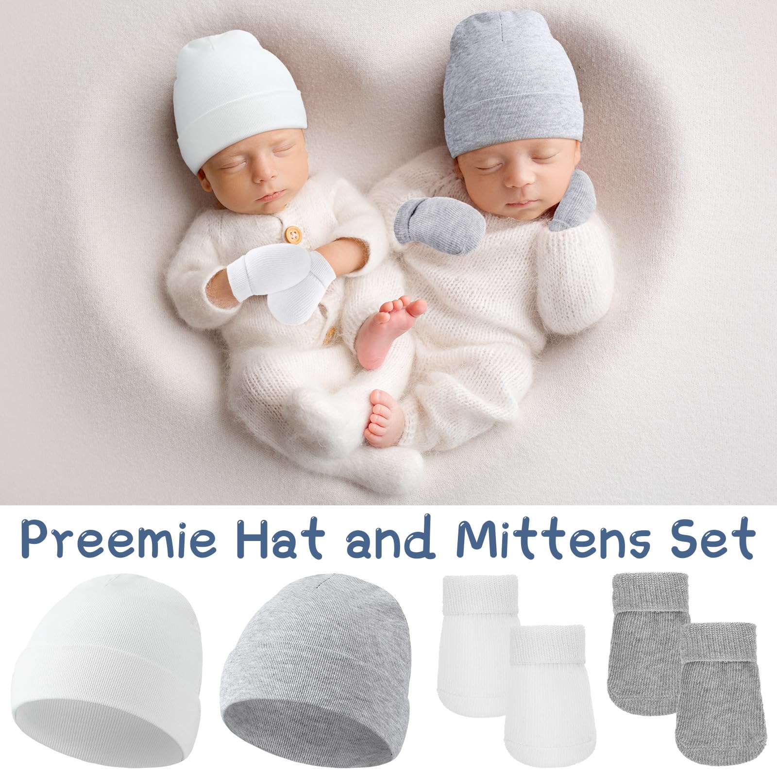 Hercicy Preemie Mütze und Fäustlinge, Baumwolle, keine Kratzer, Baby-Fäustlinge, Krankenhausmütze für Frühchen, Jungen, Mädchen, 4 Stück