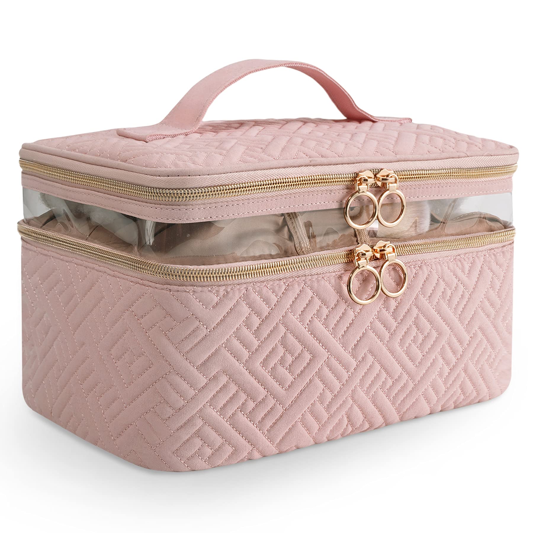 KIPBELIF Exquisite Large Travel Makeup Bag - Double Layer Makeup Case Organizer with Carry Handle, Cosmetic Bag with Top Layer for Brushes, Tweezers, Eyeliner,