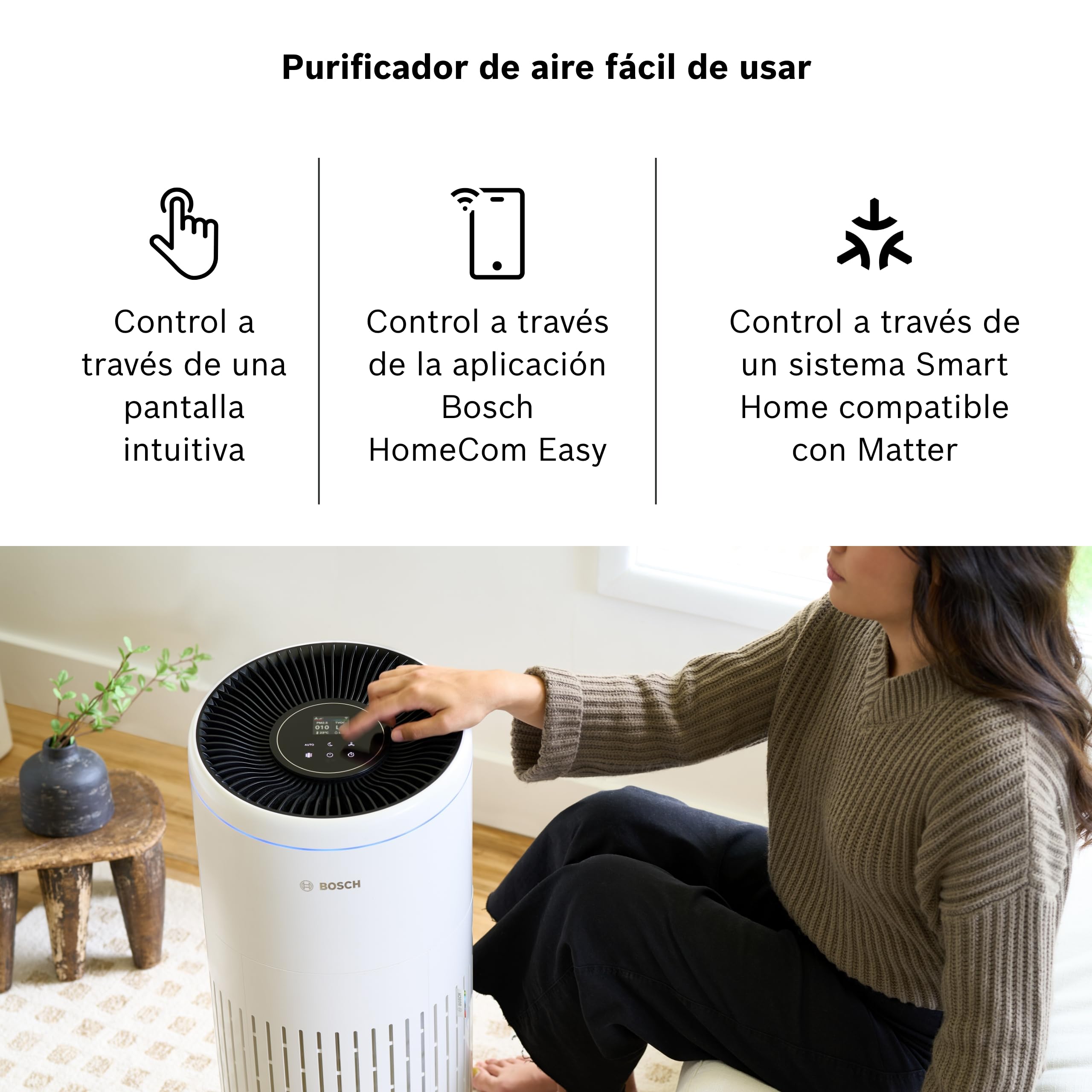 Bosch Air 6000i, Purificador de Aire con App, Hasta 125 m² | Con Filtro de Aire 4 en 1, Sensor Inteligente, Modo Automático, Modo Silencioso (< 25 dB(A)), CADR: 600 m³/h