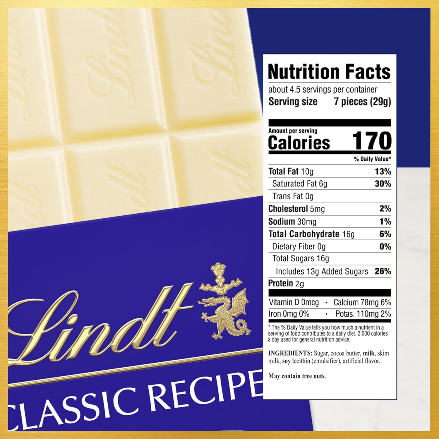 Lindt CLASSIC RECIPE White Chocolate Bar, White Chocolate Candy, 4.4 oz. (12 Pack)