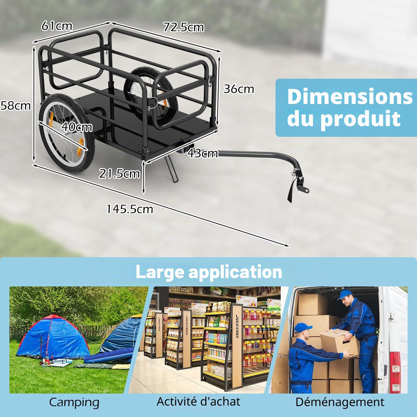 FANTASK Remorque de vélo jusqu'à 60 kg, Pliable, avec Couvercle, Embrayage et réflecteurs, Noir