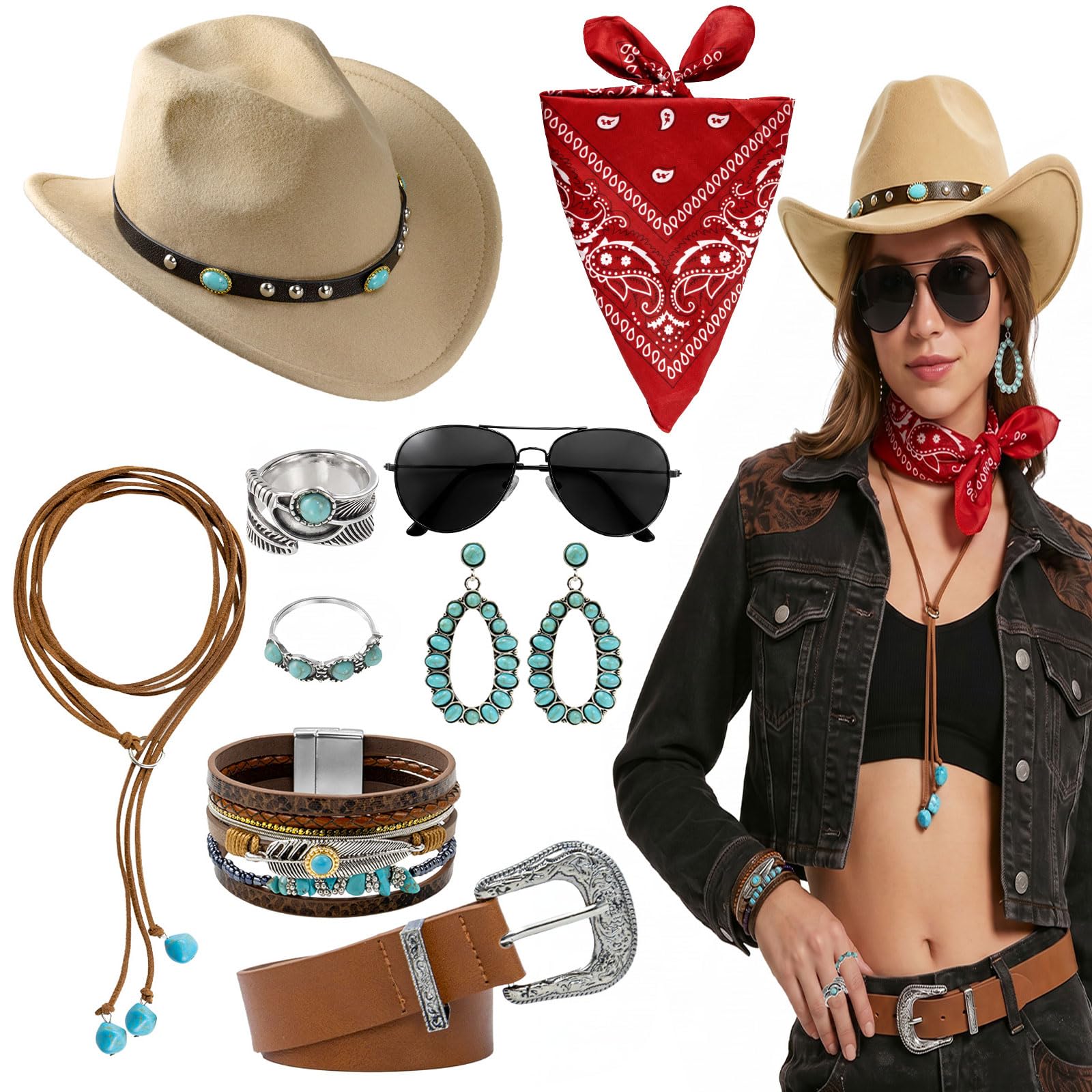 9PCS Cowgirl Outfits for Women Accessories Cowgirl Hat Western Outfits