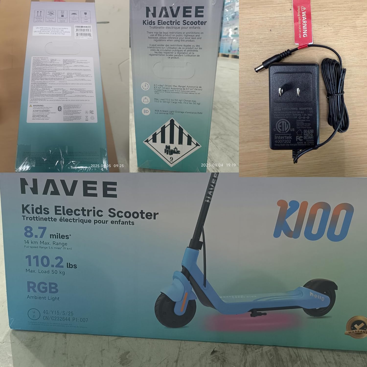 NAVEE K100 Electric Scooter packaging and charger
